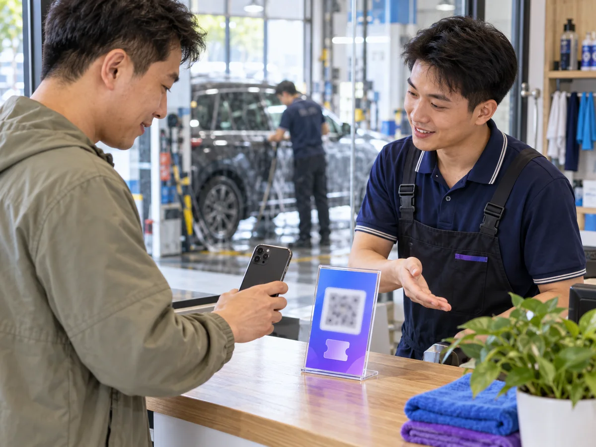接待台:车主等车时扫码领券、买卡。(AI 生成示意图)
