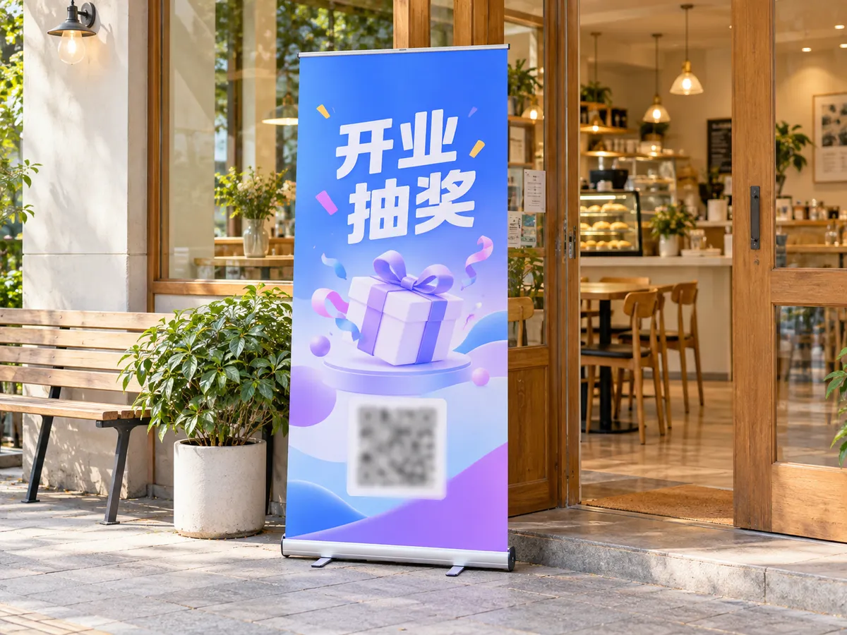 门口展架:路过扫码,先领券再进店。(AI 生成示意图)